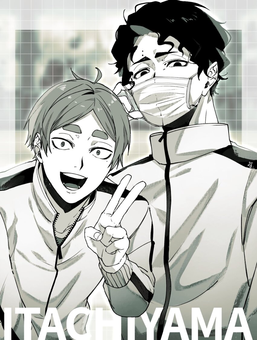 2boys adjusting_mask arm_up collared_jacket commentary_request covered_mouth greyscale grid_background haikyuu!! highres jacket komori_motoya long_sleeves looking_at_viewer looking_down male_focus mask monochrome mouth_mask multiple_boys omg_genjitsu open_mouth parted_bangs partially_unzipped sakusa_kiyoomi short_hair teeth tongue upper_body v wavy_hair zipper zipper_pull_tab