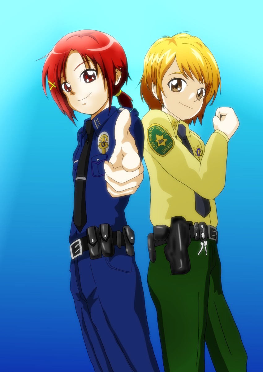 00s 10s 2girls badge belt futari_wa_precure gradient_background gun gun_belt gunbelt handgun highres hino_akane_(smile_precure!) holster kamonan_(pixiv_id_1430057) los_angeles_county_sheriff&#039;s_department los_angeles_police_department misumi_nagisa multiple_girls necktie pistol police precure smile_precure! weapon