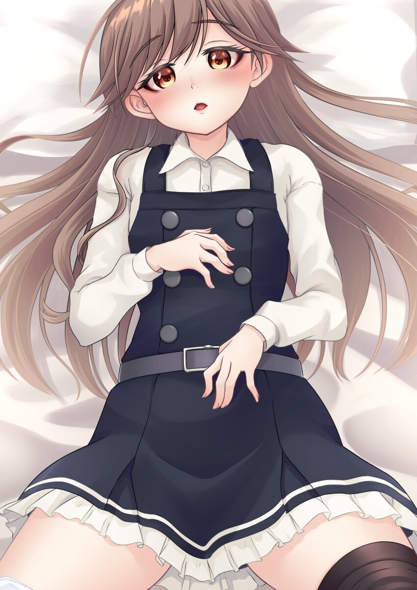 1girl absurdres arashio_(kancolle) arashio_kai_ni_(kancolle) black_dress black_pantyhose brown_eyes brown_hair clothes_pull collared_shirt commentary_request cowboy_shot dress dress_shirt highres kantai_collection long_hair lying makura_(y_makura) pantyhose pantyhose_pull pinafore_dress shirt sleeveless sleeveless_dress solo white_shirt