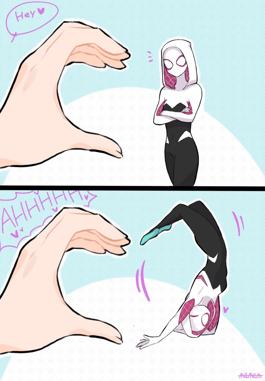 1girl animification black_bodysuit bodysuit highres hood hooded_bodysuit looking_at_viewer marvel mask meme one_eye_closed simple_background solo spider-gwen spider-man_(series) spider-verse spider_web_print superhero_costume sushi_pizza_rrr white_bodysuit