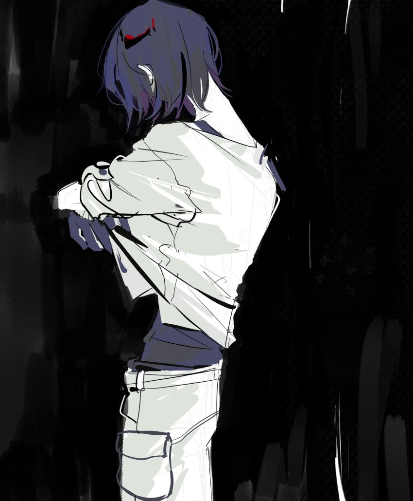 1boy black_background blue_hair cowboy_shot from_side gamdol_1 gloves gundam gundam_gquuuuuux highres male_focus pants shirt short_hair shuji_ito solo undressing white_shirt