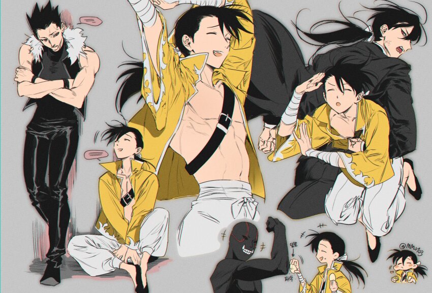 2boys abs arms_up bandaged_arm bandages biceps black_footwear black_hair black_jacket black_pants black_shirt black_vest buckle closed_eyes full_body fullmetal_alchemist fur-trimmed_vest fur_trim greed_(fma) highres jacket ling_yao long_hair m_m_pb male_focus multiple_boys navel open_clothes open_jacket open_mouth pants pectorals ponytail shirt spiked_hair toned toned_male vest white_pants yellow_jacket