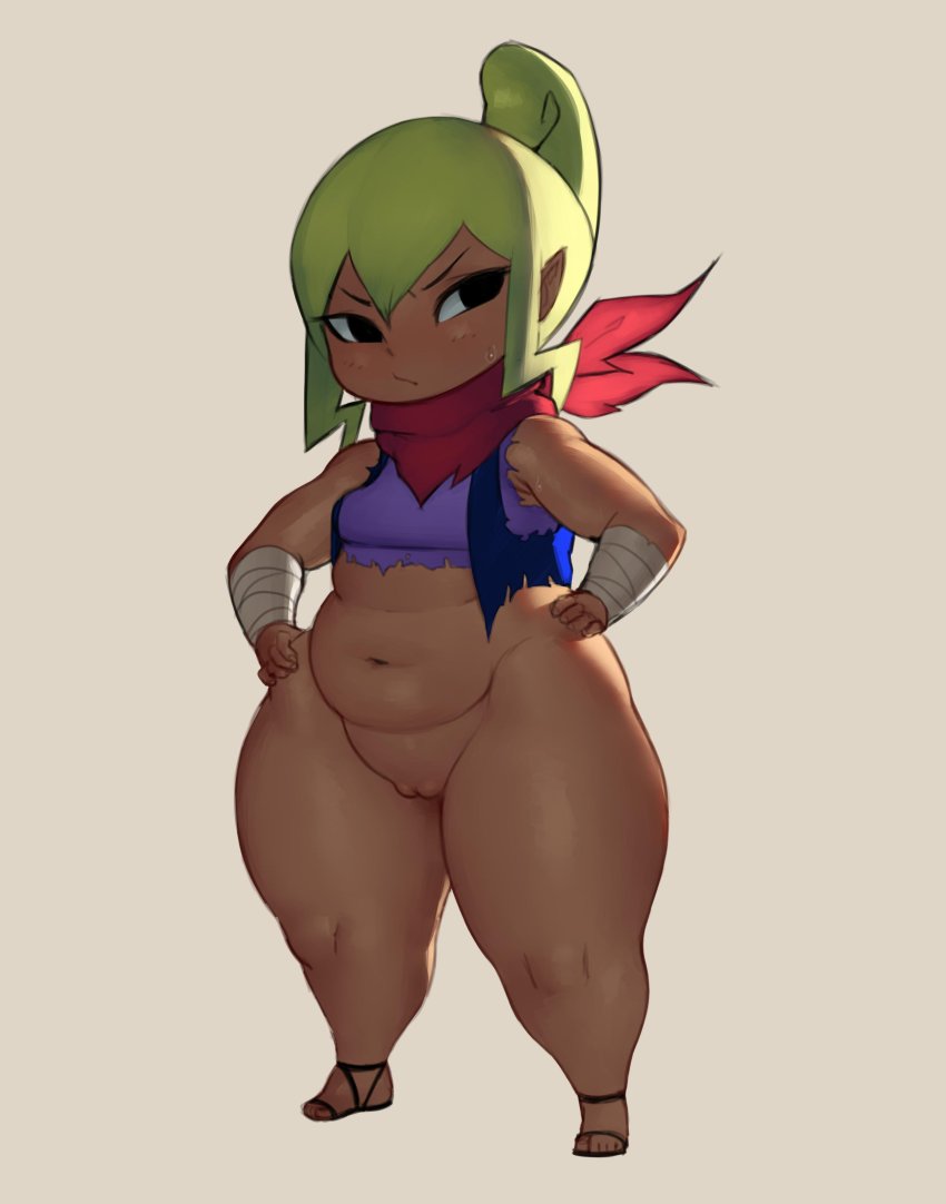 1girl absurdres blonde_hair blue_eyes bottomless breasts cleft_of_venus dark-skinned_female dark_skin female_focus forastero highres navel neckerchief nintendo plump pointy_ears pussy small_breasts solo stomach tetra the_legend_of_zelda the_legend_of_zelda:_the_wind_waker thick_thighs thighs uncensored updo vest wide_hips
