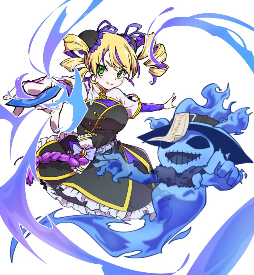 1girl black_dress blonde_hair blue_fire blush breasts card china_dress chinese_clothes cowboy_shot digimon digimon_card_game digimon_liberator digua92537359 double_bun dress drill_hair fire ghost ghostmon green_eyes hair_bun highres holding holding_card large_breasts long_hair multicolored_hair official_alternate_costume ofuda purple_hair simple_background smile stitched_mouth stitches trading_card twin_drills two-tone_hair white_background