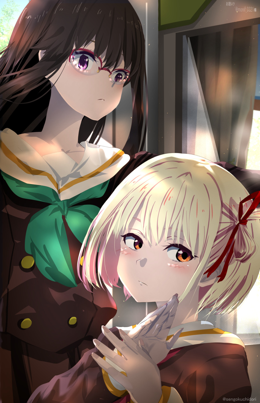 2girls absurdres black_hair blonde_hair brown_serafuku brown_shirt brown_skirt closed_mouth commentary_request cosplay glasses green_neckerchief hair_ribbon hands_up hibike!_euphonium highres indoors inoue_takina kitauji_high_school_uniform long_hair lycoris_recoil multiple_girls neckerchief nishikigi_chisato one_side_up orange_eyes over-rim_eyewear purple_eyes red-framed_eyewear red_neckerchief red_ribbon ribbon sailor_collar school_uniform semi-rimless_eyewear sengoku_chidori serafuku shirt short_hair sidelocks skirt tanaka_asuka tanaka_asuka_(cosplay) white_sailor_collar