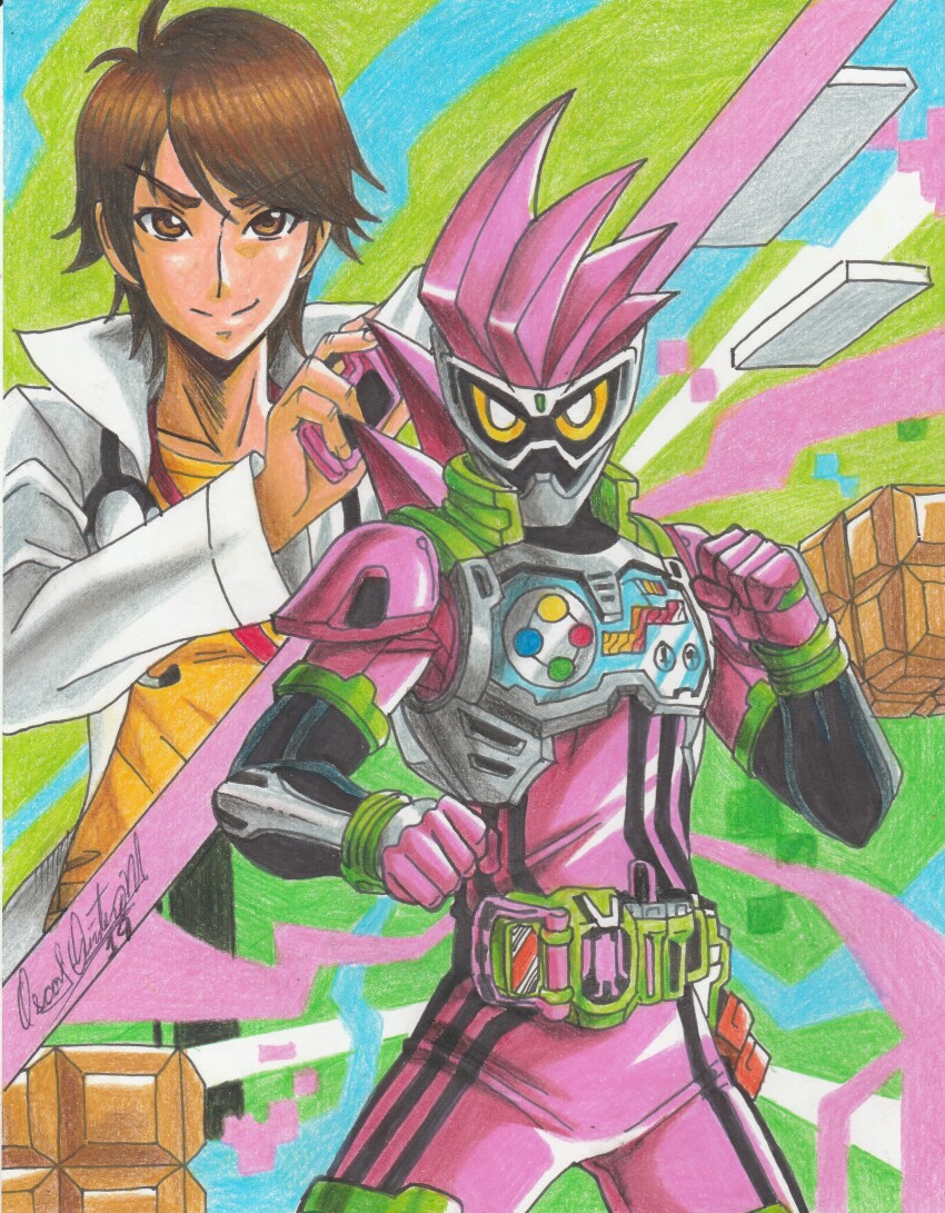 1boy 2019 absurdres armor artist_name brown_eyes brown_hair clenched_hand coat controller cowboy_shot doctor dual_persona full_armor game_controller highres holster kamen_rider kamen_rider_ex-aid kamen_rider_ex-aid_(series) neck outstretched_arms ravernclouk_design rider_belt shirt smile standing t-shirt tokusatsu traditional_media white_coat yellow_eyes yellow_shirt