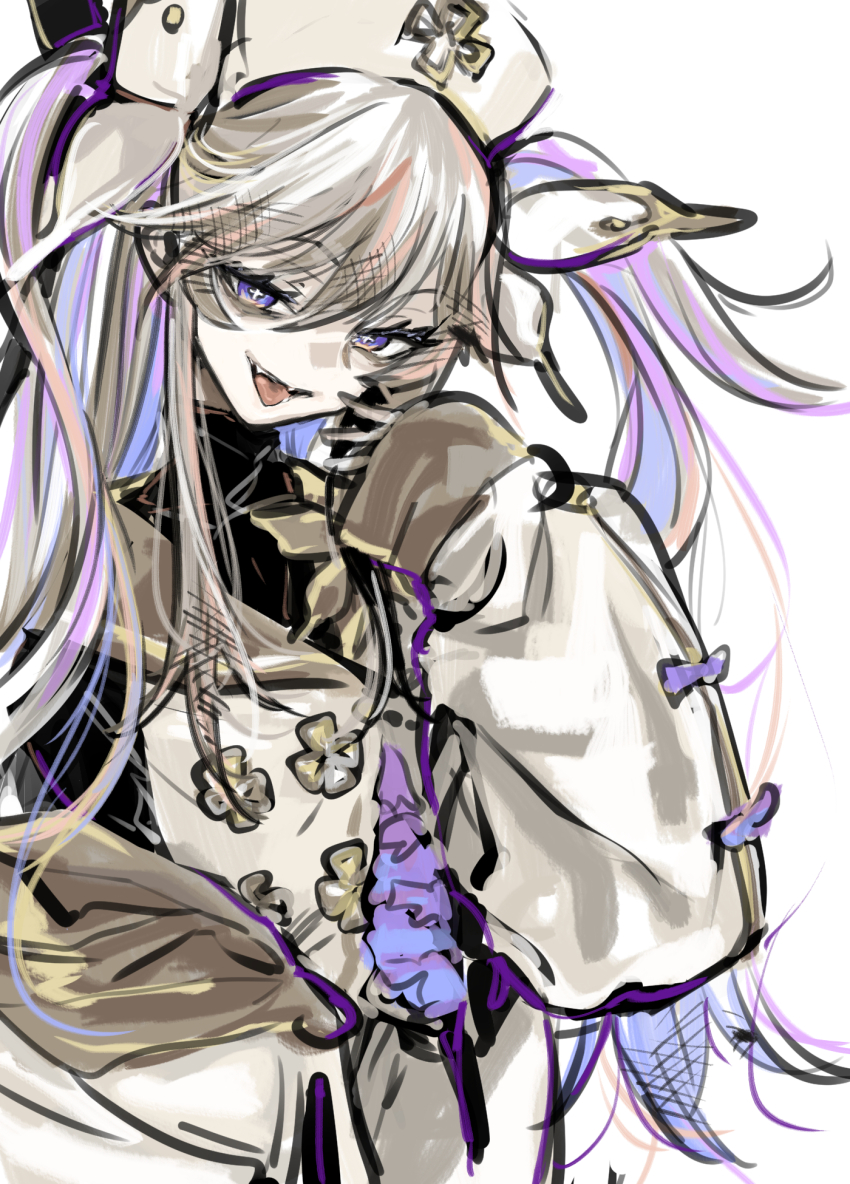 1girl bags_under_eyes black_undershirt bright_pupils brown_hair butterfly_hair_ornament buttons coat cross-shaped_pupils double-breasted hair_ornament half-closed_eyes hand_to_own_mouth hand_up hat highres hijirime_laeria ikuhana_niiro indie_virtual_youtuber long_hair long_sleeves looking_at_viewer multicolored_hair nurse_cap puffy_long_sleeves puffy_sleeves purple_hair shirt simple_background sleeves_past_wrists smile solo streaked_hair symbol-shaped_pupils tongue tongue_out turtleneck turtleneck_shirt twintails upper_body virtual_youtuber white_background white_coat white_pupils