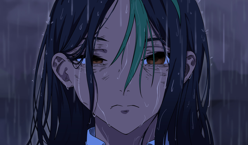 1girl absurdres black_hair chainsaw_man close-up closed_mouth dark-skinned_female dark_skin eye_twitch green_hair half-closed_eye highres long_hair meme multicolored_hair nemona_(pokemon) nintendo obi3 pokemon pokemon_sv rain reze&#039;s_eye_twitch_(chainsaw_man) scene_reference solo straight-on two-tone_hair wet wet_face wet_hair