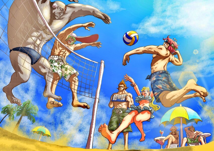 2girls 5boys arms_up bald ball barefoot baseball_cap beach beach_umbrella bikini blonde_hair bracelet crossed_legs cup drinking drinking_glass facial_tattoo frilled_bikini frills goggles green_hair hat headphones helmeppo hibari_(one_piece) highres holding holding_cup jewelry jumping koby_(one_piece) kujaku_(one_piece) long_hair male_swimwear multiple_boys multiple_girls muscular muscular_male one_piece open_mouth orange_hair palm_tree pink_hair playing_sports ponytail prince_grus sandals short_hair shorts smile swim_trunks swimsuit tattoo topless_male tree umbrella volleyball volleyball_(object) wine_glass x_drake yosuyosu