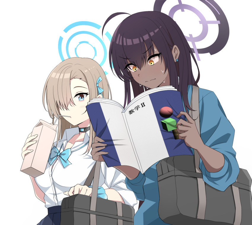 2girls ahoge asuna_(blue_archive) asuna_(school_uniform)_(blue_archive) asymmetrical_bangs bag black_choker black_hair black_skirt blue_archive blue_halo blue_necktie blue_sweater book breasts brown_hair carton choker collarbone collared_shirt commentary_request dark-skinned_female dark_skin hair_between_eyes hair_over_one_eye halo highres holding holding_book karikura_(atatata71) karin_(blue_archive) karin_(school_uniform)_(blue_archive) large_breasts long_bangs long_hair long_sleeves looking_at_object multiple_girls necktie nervous_sweating official_alternate_costume pleated_skirt school_uniform shirt short_sleeves sidelocks simple_background skirt standing sweat sweater translated white_background