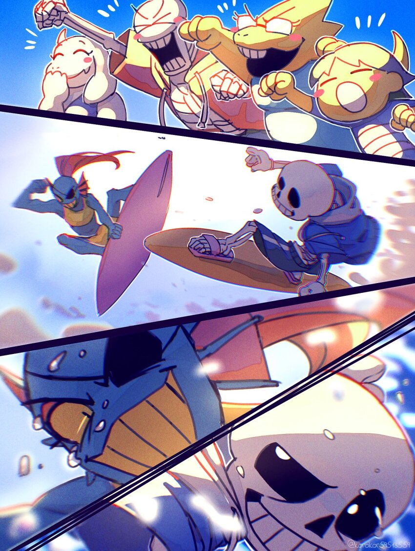 &gt;_&lt; 1other 2boys 3girls alphys bikini black_hair blue_jacket blue_skin blush closed_mouth colored_skin eyepatch fins frisk_(undertale) glasses goat_girl goat_horns head_fins highres hood hood_down hooded_jacket horns jacket korokor59513559 monster_girl multiple_boys multiple_girls one_eye_covered open_mouth papyrus_(undertale) ponytail red_hair reptile_girl sans_(undertale) short_hair skeleton smile surfboard surfing swimsuit toriel undertale undyne water yellow_bikini yellow_skin
