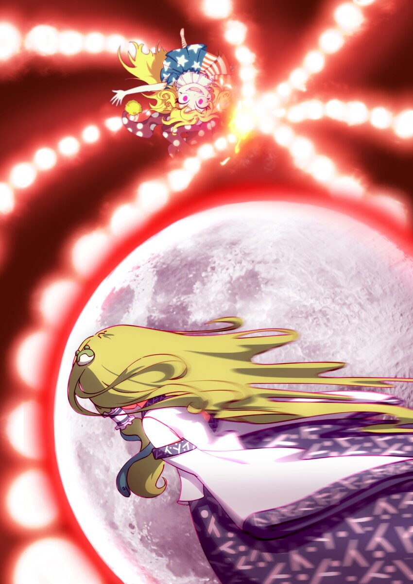 2girls american_flag_dress american_flag_legwear ay606078 bare_shoulders blonde_hair blue_skirt clownpiece commentary_request crazy_eyes crazy_smile danmaku detached_sleeves dress flying frog_hair_ornament glowing glowing_eyes green_hair hair_between_eyes hair_ornament hair_tubes hat highres holding holding_torch jester_cap kochiya_sanae legacy_of_lunatic_kingdom long_hair long_sleeves looking_at_another moon multiple_girls neck_ruff no_shoes nontraditional_miko open_mouth pantyhose polka_dot_headwear pom_pom_(clothes) purple_eyes purple_hat red_fire shirt short_sleeves single_hair_tube skirt sleeveless sleeveless_shirt smile snake_hair_ornament spell_card star_(symbol) star_print striped_clothes striped_dress striped_pantyhose teeth torch touhou wavy_hair white_shirt white_sleeves wide_sleeves
