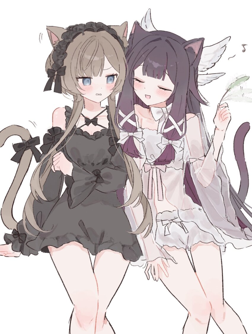 2girls alternate_costume animal_ears black_dress black_hair black_hairband black_ribbon bloomers blue_eyes blush brown_hair cat_ears cat_girl cat_tail clenched_teeth closed_eyes columbina_(genshin_impact) dress feathers feet_out_of_frame frilled_hairband frills genshin_impact hair_intakes hair_ribbon hairband head_wings highres holding holding_feather kemonomimi_mode lolita_hairband long_hair looking_at_another multiple_girls musical_note nankanankadayo ribbon sandrone_(genshin_impact) sidelocks simple_background sitting tail tail_ornament tail_ribbon tank_top teeth underwear white_background white_bloomers white_ribbon white_tank_top white_wings wings