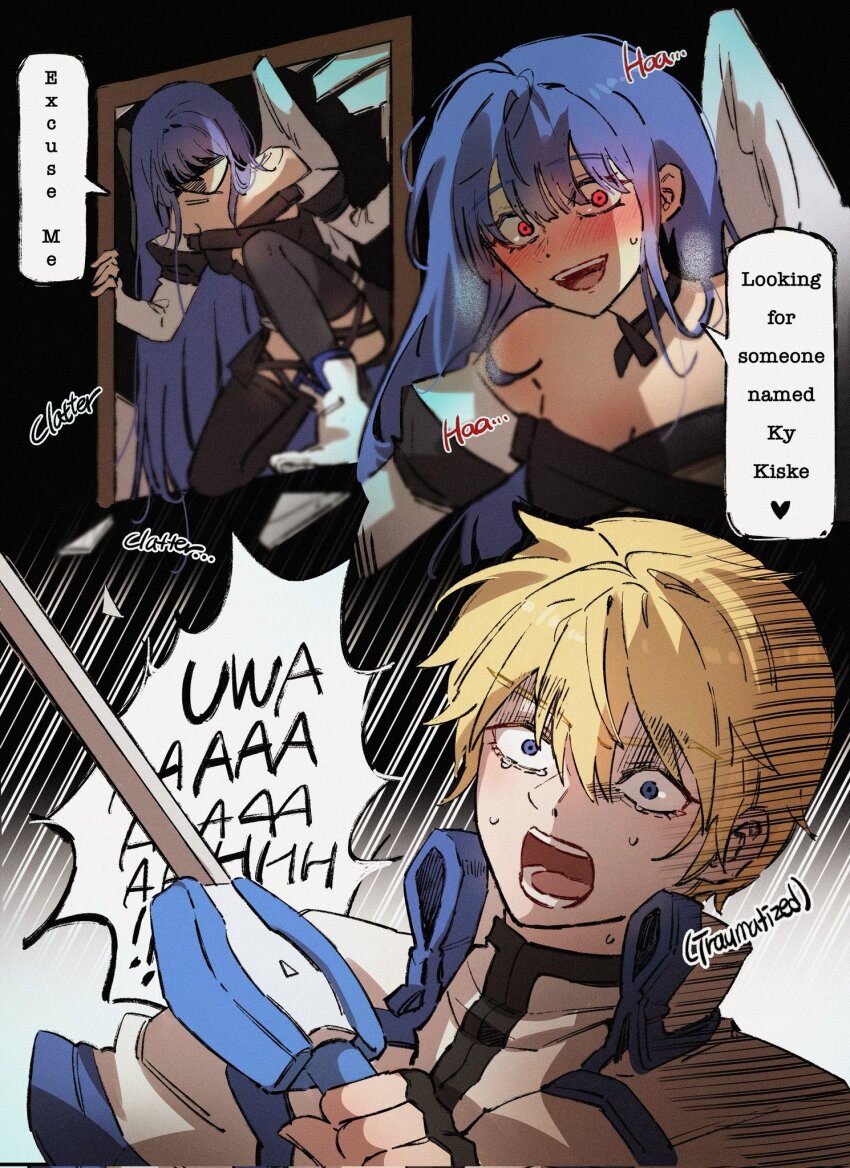 1boy 1girl alternate_hairstyle angel_wings bare_shoulders blush breaking_through_window broken_window choker crazy_smile dark_persona dizzy_(guilty_gear) english_text guilty_gear guilty_gear_x guilty_gear_xx highres ky_gwangin ky_kiske long_hair looking_at_another open_mouth red_eyes ribbon ribbon_choker scared short_hair smile sword thunderseal weapon wide-eyed window wings yandere yandere_trance