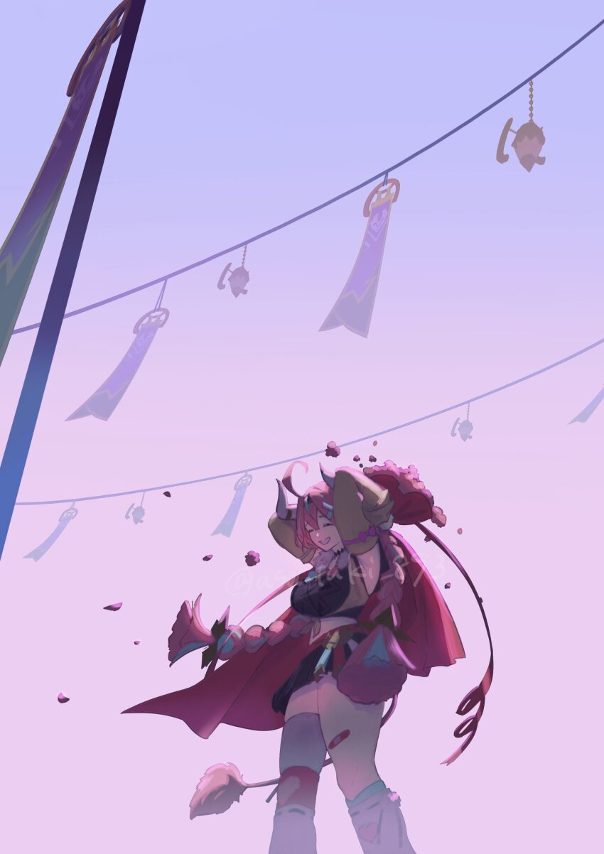 1girl ahoge animal_ears armpits arms_up asa_tuki_893 asymmetrical_legwear bandaid bandaid_on_knee bandaid_on_leg black_skirt bouquet bow braid breasts cape closed_eyes cow_ears cow_girl cow_horns cow_tail detached_sleeves flower genshin_impact grin hair_ornament highres holding holding_bouquet horns large_breasts long_hair miniskirt multicolored_hair open_mouth pink_bow pink_hair rose single_thighhigh skirt sky smile socks solo tail teeth thighhighs varesa_(genshin_impact) white_thighhighs wind_chime yellow_sleeves