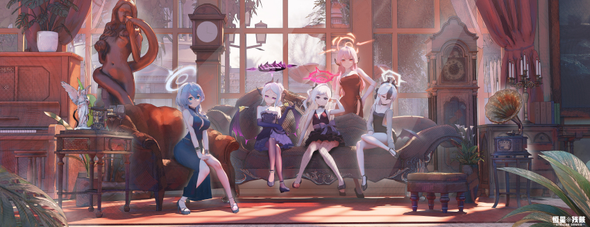 3d 5girls absurdres ako_(blue_archive) ako_(dress)_(blue_archive) aru_(blue_archive) aru_(dress)_(blue_archive) backless_dress backless_outfit black_dress black_footwear black_hair black_horns blackwee blue_archive blue_dress blue_hair blush breasts clock demon_horns demon_wings dress earrings elbow_gloves fishnet_pantyhose fishnets gloves halo highres hina_(blue_archive) hina_(dress)_(blue_archive) horns indoors jewelry kayoko_(blue_archive) kayoko_(dress)_(blue_archive) large_breasts long_hair looking_at_viewer multicolored_hair multiple_girls multiple_horns mutsuki_(blue_archive) mutsuki_(dress)_(blue_archive) necklace official_alternate_costume official_alternate_hairstyle pantyhose purple_dress purple_eyes purple_gloves purple_wings red_dress red_eyes red_halo sideless_dress sideless_outfit sitting sleeveless sleeveless_dress small_breasts smile standing strapless strapless_dress wavy_ends white_hair window wings