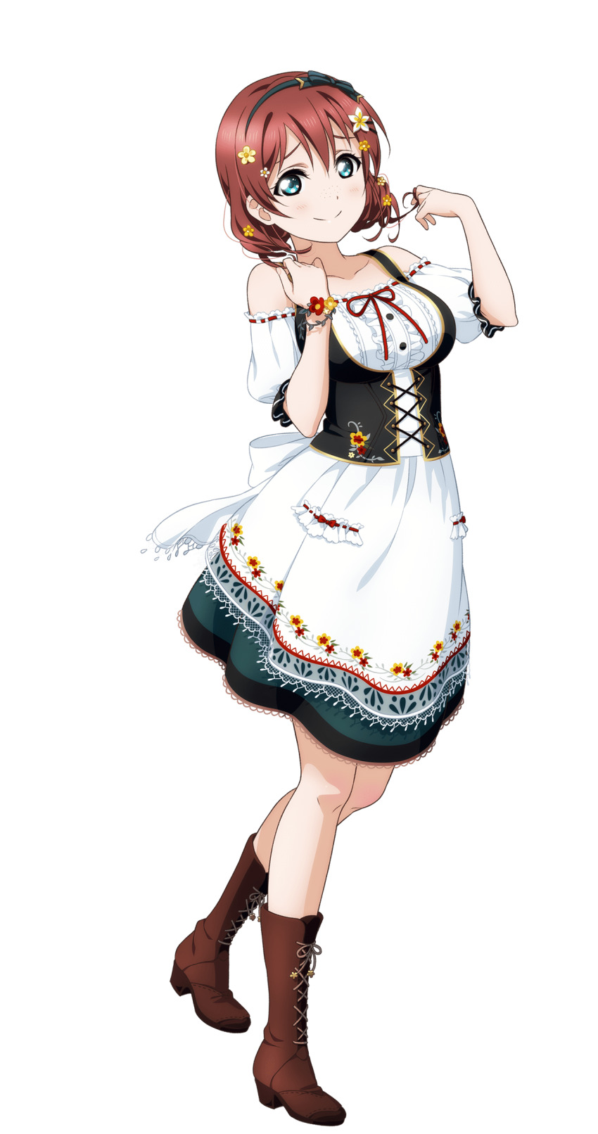 1girl absurdres bare_shoulders black_bow black_hairband blue_eyes blush boots bow bow_hairband breasts brown_boots brown_hair closed_mouth collarbone dirndl dress emma_verde evergreen_(love_live!) framed_breasts freckles full_body german_clothes hairband hands_up highres lace-up_boots large_breasts looking_at_viewer love_live! love_live!_nijigasaki_high_school_idol_club love_live!_school_idol_festival_all_stars medium_dress medium_hair off-shoulder_dress off_shoulder official_alternate_costume official_art puffy_short_sleeves puffy_sleeves red_ribbon ribbon short_sleeves simple_background smile solo split_mouth transparent_background walking