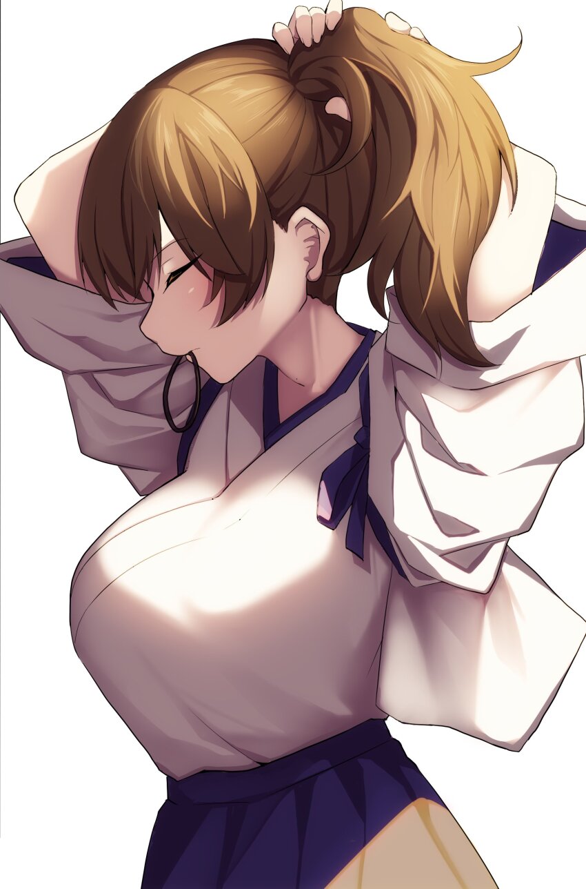 1girl absurdres blue_hakama brown_hair closed_eyes commentary_request creek_(moon-sky) hakama hakama_skirt highres holding holding_own_hair japanese_clothes kaga_(kancolle) kantai_collection kimono mouth_hold rubber_band side_ponytail simple_background skirt solo tasuki upper_body white_background white_kimono