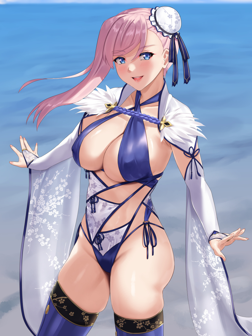 1girl :d asymmetrical_hair blue_eyes blue_one-piece_swimsuit blue_thighhighs blush breasts bun_cover cherry_blossom_print clothing_cutout cowboy_shot detached_sleeves fate/grand_order fate_(series) floral_print highres large_breasts looking_at_viewer miyamoto_musashi_(fate) miyamoto_musashi_(fate/grand_order) miyamoto_musashi_(swimsuit_berserker)_(fate) miyamoto_musashi_(swimsuit_berserker)_(third_ascension)_(fate) ocean one-piece_swimsuit open_mouth pink_hair print_swimsuit ryouya skindentation smile solo swimsuit thighhighs thighs water
