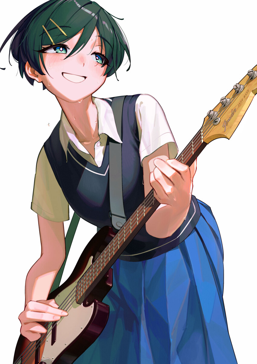 1girl absurdres aqua_eyes bass_guitar black_sweater_vest blue_skirt blush bright_pupils collared_shirt dress_shirt bass_guitar fender_jazz_bass futsuu_no_keion-bu green_hair grin guitar_strap hair_ornament hairpin highres holding holding_bass_guitar holding_instrument instrument kouyama_rin leaning_forward music parted_bangs pixie_cut playing_bass_guitar playing_instrument pleated_skirt qu_uo school_uniform shirt short_hair short_sleeves simple_background skirt smile solo sweat sweater_vest white_background white_pupils white_shirt wing_collar