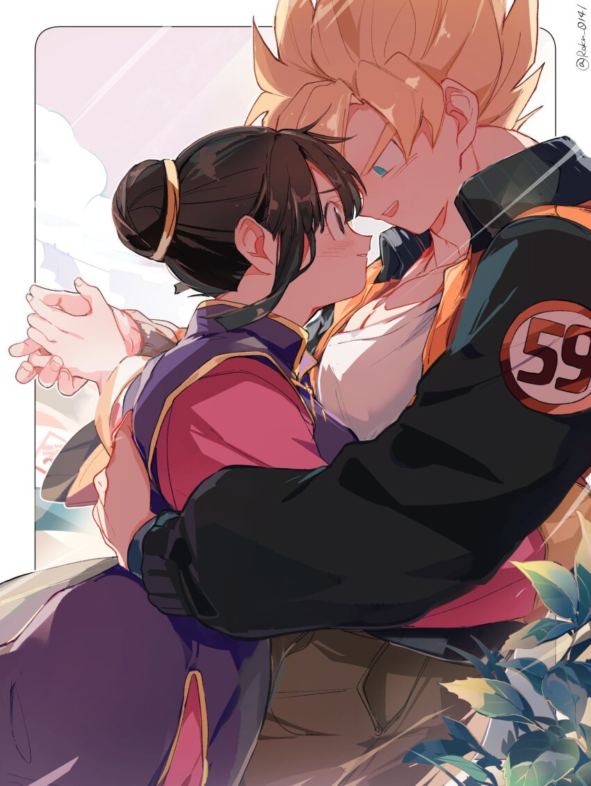 1boy 1girl absurdres black_eyes black_hair black_jacket blonde_hair blue_eyes breasts chi-chi_(dragon_ball) chinese_clothes commentary dragon_ball dragonball_z hair_bun highres holding_hands hug husband_and_wife jacket making-of_available medium_breasts open_mouth pectoral_cleavage pectorals plant roku_(roku_0141) single_hair_bun smile son_goku super_saiyan super_saiyan_1 symbol-only_commentary twitter_username