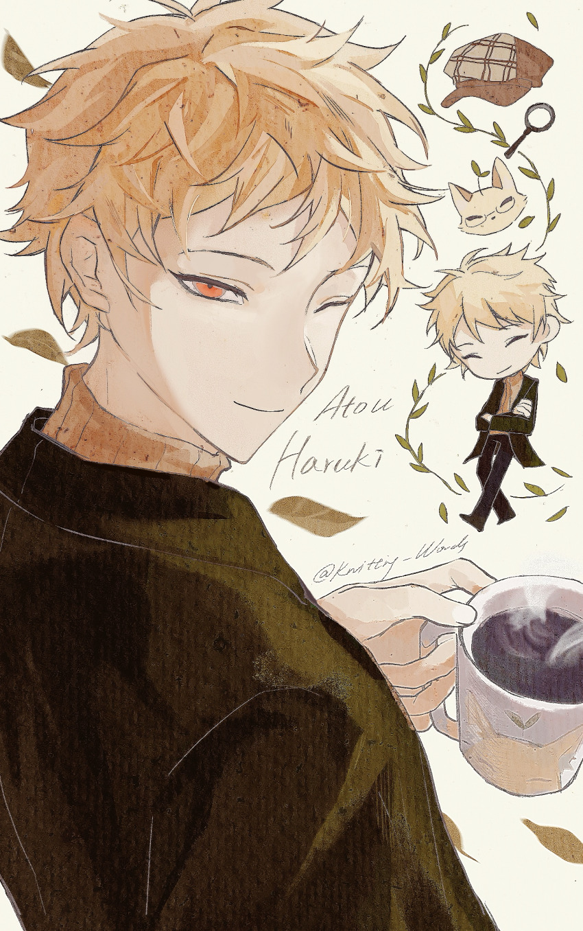 1boy animalization atou_haruki black_jacket black_pants blonde_hair brown_sweater character_name chibi chibi_inset chinese_commentary closed_eyes closed_mouth coffee coffee_mug commentary_request cup fox highres holding holding_cup jacket leaf long_sleeves magnifying_glass male_focus mug one_eye_closed open_clothes open_jacket pants plant red_eyes ribbed_sweater saibou_shinkyoku short_hair smile steam sweater turtleneck turtleneck_sweater upper_body vines white_background zhiyanpianyu55126