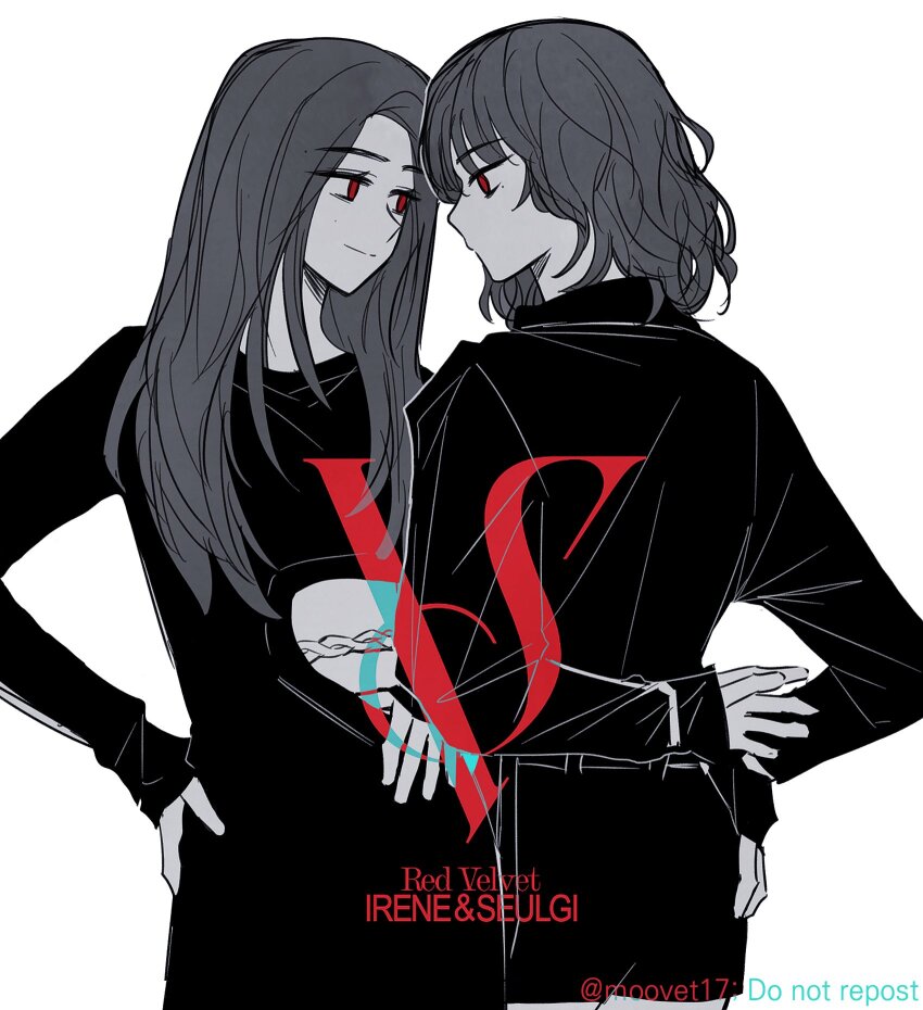 2girls artist_name character_name closed_mouth commentary copyright_name dress english_commentary english_text hand_on_own_hip highres irene_(red_velvet) k-pop long_hair long_sleeves looking_at_another medium_hair moovet17 multiple_girls real_life red_eyes red_velvet_(group) seulgi_(red_velvet) skirt smile spot_color