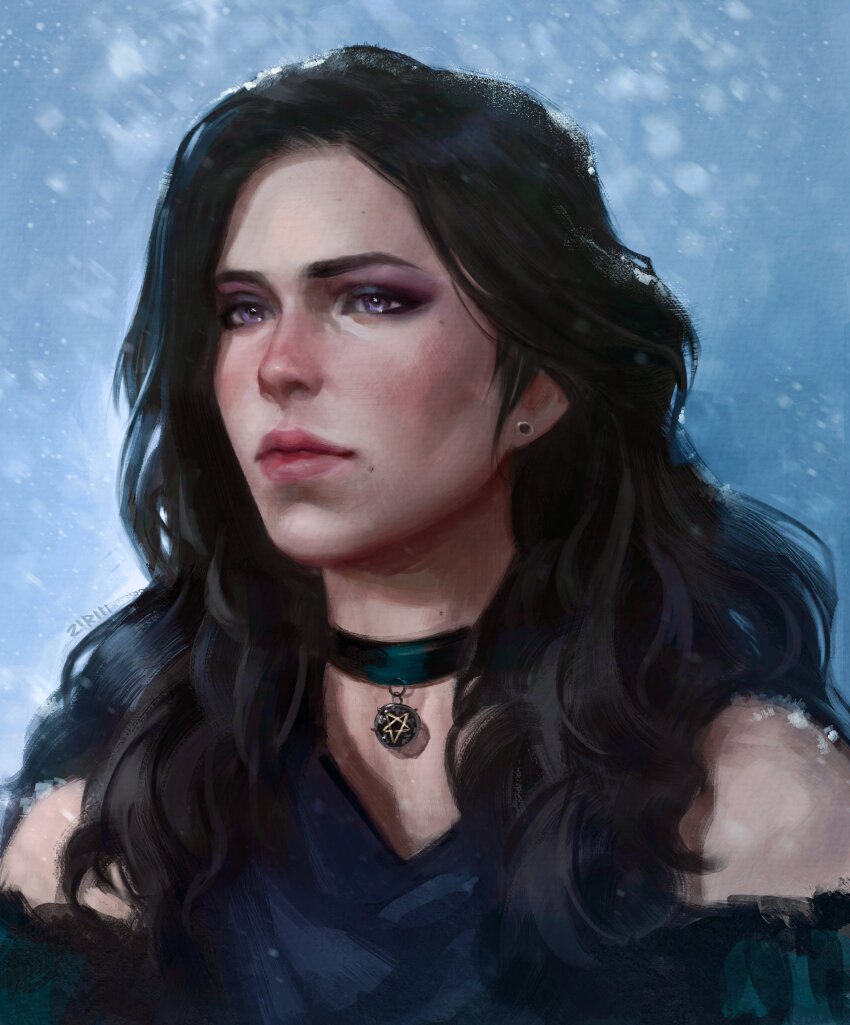 1girl absurdres black_choker black_hair choker highres katlovesstar long_hair pendant_choker portrait purple_eyes solo the_witcher_(series) the_witcher_3 yennefer_of_vengerberg