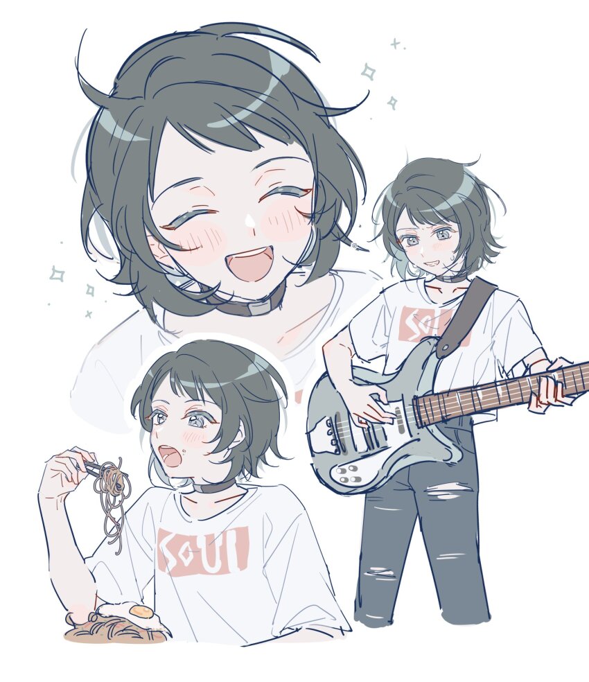 1girl aged_down bang_dream! bang_dream!_it&#039;s_mygo!!!!! black_choker black_hair black_pants blush breasts choker chopsticks cleavage closed_eyes commentary eating bass_guitar fondy_(fondy1999) food fried_egg highres holding holding_chopsticks instrument music noodles open_mouth pants playing_bass_guitar playing_instrument shirt short_hair simple_background soba sweat teeth upper_teeth_only white_background white_shirt yahata_umiri