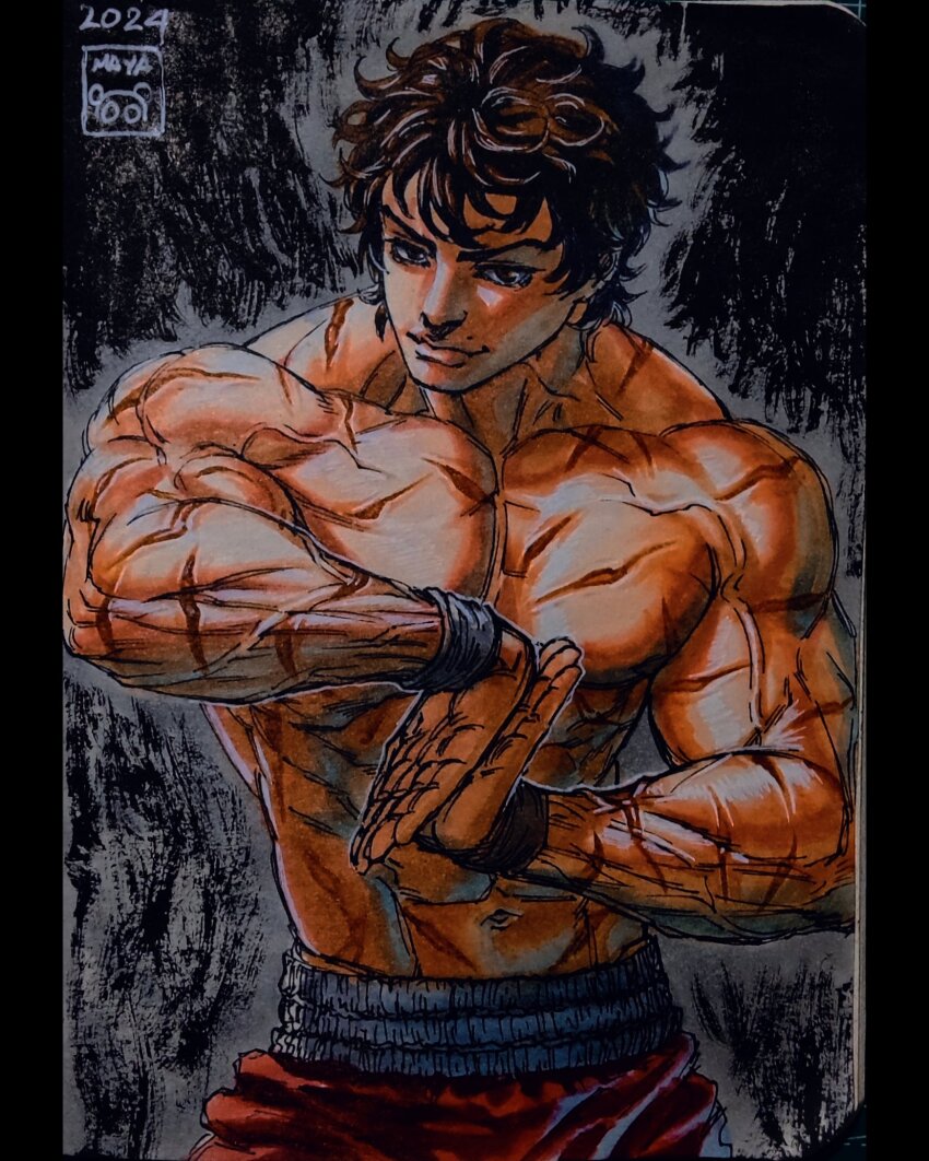 1boy abs bara black_hair cowboy_shot grappler_baki hanma_baki highres large_pectorals lips male_focus maya_panda medium_request muscular muscular_male navel nipples pants pectorals photo_(medium) scar scars_all_over shredded_muscles smile solo standing stomach stretching thick_eyebrows too_many tsurime v-taper veins veiny_arms wavy_hair