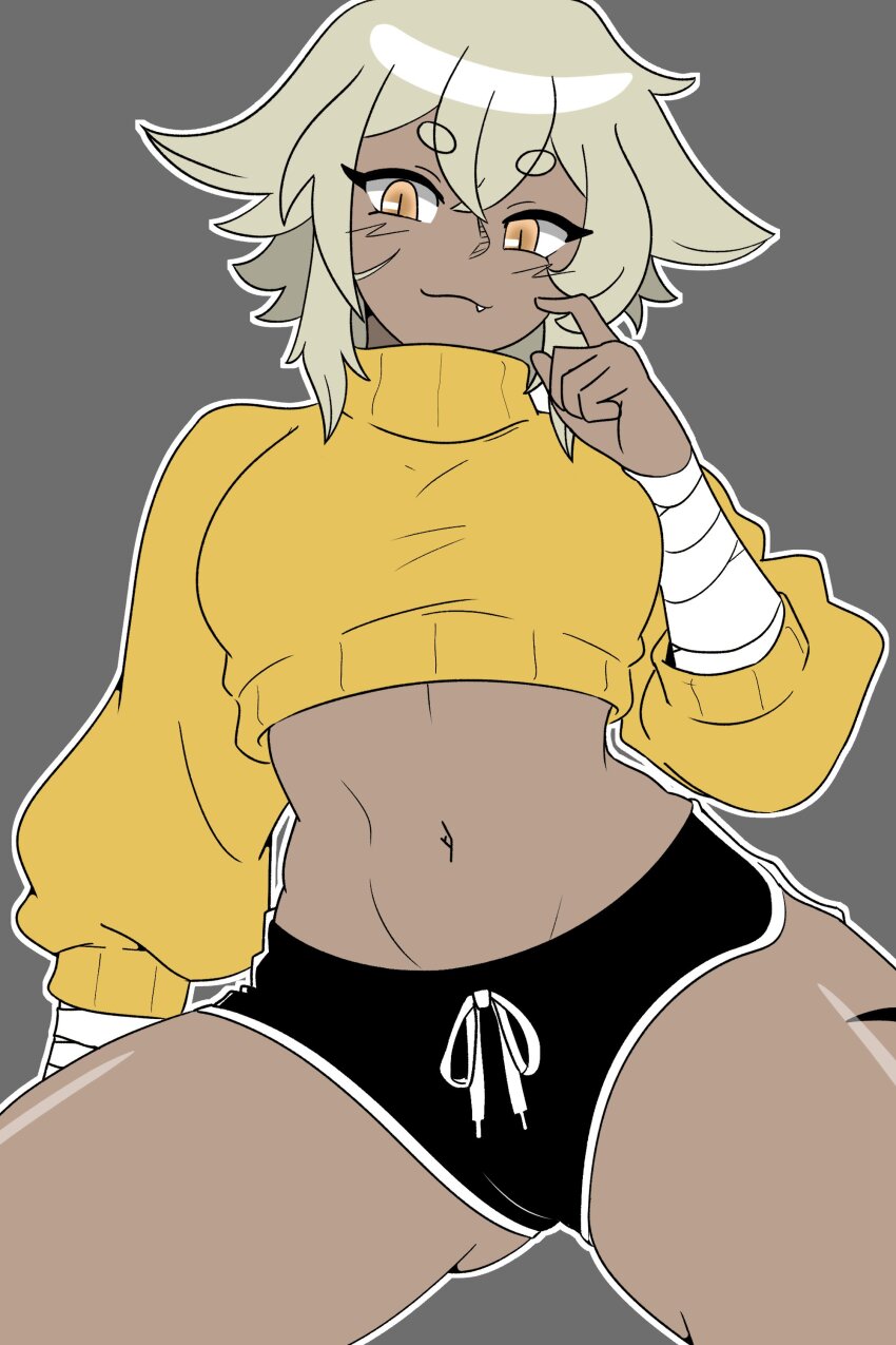 1girl absurdres ahoge arm_at_side arm_up ass bandaged_arm bandages black_shorts breasts closed_mouth commentary cowboy_shot dark-skinned_female dark_skin dolphin_shorts english_commentary eyebrows_hidden_by_hair fang fang_out female_focus from_below gluteal_fold grey_hair hair_between_eyes hands_up highres legs_apart long_sleeves looking_at_viewer medium_breasts medium_hair midriff monochrome navel original outline ralter_(saucy_aussy) saucy_aussy scar scar_on_face shiny_skin shorts simple_background slit_pupils smile solo sweater thick_thighs thighs turtleneck turtleneck_sweater