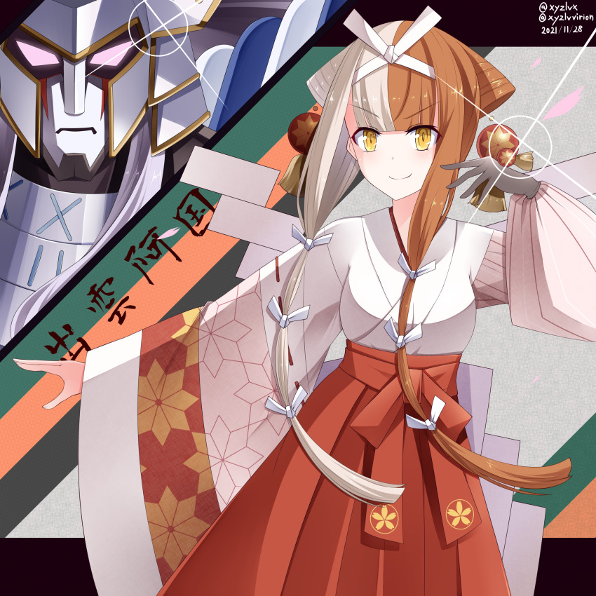 1girl absurdres blunt_bangs blush breasts brown_hair fate/grand_order fate_(series) hair_ornament hair_ribbon hebitsukai-san highres izumo_no_okuni_(fate) japanese_clothes kimono long_hair long_sleeves looking_at_viewer medium_breasts multicolored_hair ribbon sidelocks silver_hair smile split-color_hair two-tone_hair wide_sleeves yellow_eyes zanzaburou_(fate)