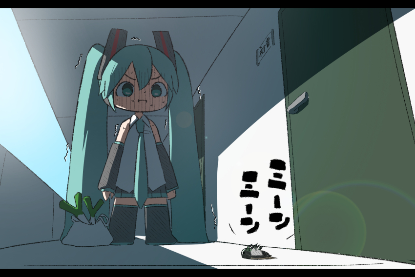 1girl :t absurdly_long_hair apartment aqua_eyes aqua_hair aqua_necktie bag bananafish1111 bare_shoulders black_boots black_border black_skirt black_sleeves blue_sky blush boots border breast_pocket character_name chibi closed_mouth collared_shirt commentary_request day detached_sleeves door embarrassed full-face_blush grocery_bag hair_between_eyes hair_ornament hallway hatsune_miku highres letterboxed light_rays long_hair long_sleeves looking_at_object miniskirt necktie nervous_sweating pleated_skirt pocket pout shade shirt shopping_bag sign skirt sky sleeveless sleeveless_shirt solo spring_onion standing straight_hair sweat tareme thigh_boots trembling twintails v-shaped_eyebrows very_long_hair vocaloid white_shirt