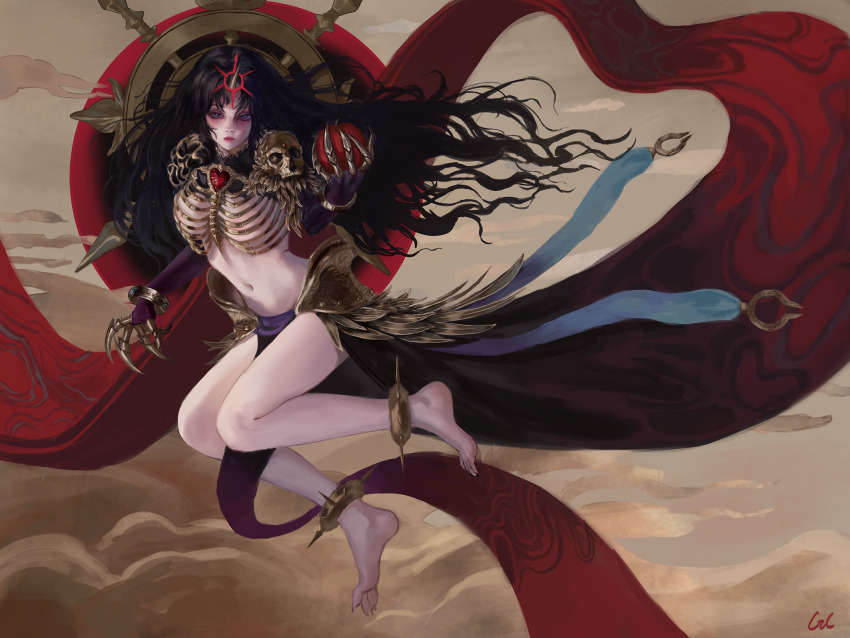 1girl :| anklet apple armor barefoot black_hair bracelet claw_ring closed_mouth cloud flying food fruit genderswap genderswap_(mtf) gold_armor gold_can halo heart-shaped_gem highres hip_armor holding holding_food holding_fruit horns jewelry long_hair midriff navel original purple_eyes red_lips ribs signature single_horn skull_pauldron solo thanatos_(mythology) thighs waist_cape wavy_hair yellow_clouds