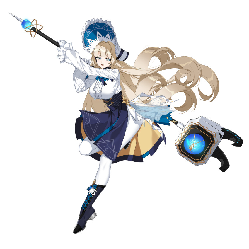 1girl :d alpha_transparency ascot black_boots blonde_hair blue_ascot blue_skirt blunt_bangs bonnet boots breasts center_frills commentary counter:side curled_ends english_commentary floating_hair frilled_sleeves frills full_body gloves green_eyes hammer highres holding holding_hammer knee_boots lace-up_boots large_breasts leg_up long_hair long_sleeves looking_at_viewer medea_davis official_art open_mouth pantyhose pinstripe_pattern plantar_flexion shirt skirt smile solo standing standing_on_one_leg tachi-e transparent_background two-handed underbust very_long_hair white_bonnet white_gloves white_pantyhose white_shirt