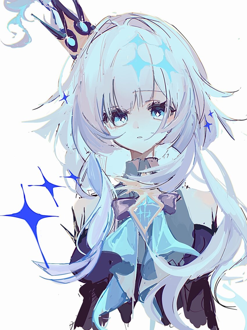 1girl aqua_eyes bare_shoulders blue_bow blue_gemstone blunt_bangs bow cerydra_(honkai:_star_rail) collared_shirt commentary_request crown detached_sleeves diamond-shaped_pupils diamond_(shape) gem hair_ornament head_tilt highres honkai:_star_rail honkai_(series) long_hair long_sleeves parted_lips sh_senni shirt simple_background sketch sleeveless solo symbol-shaped_pupils upper_body wavy_hair white_background white_hair