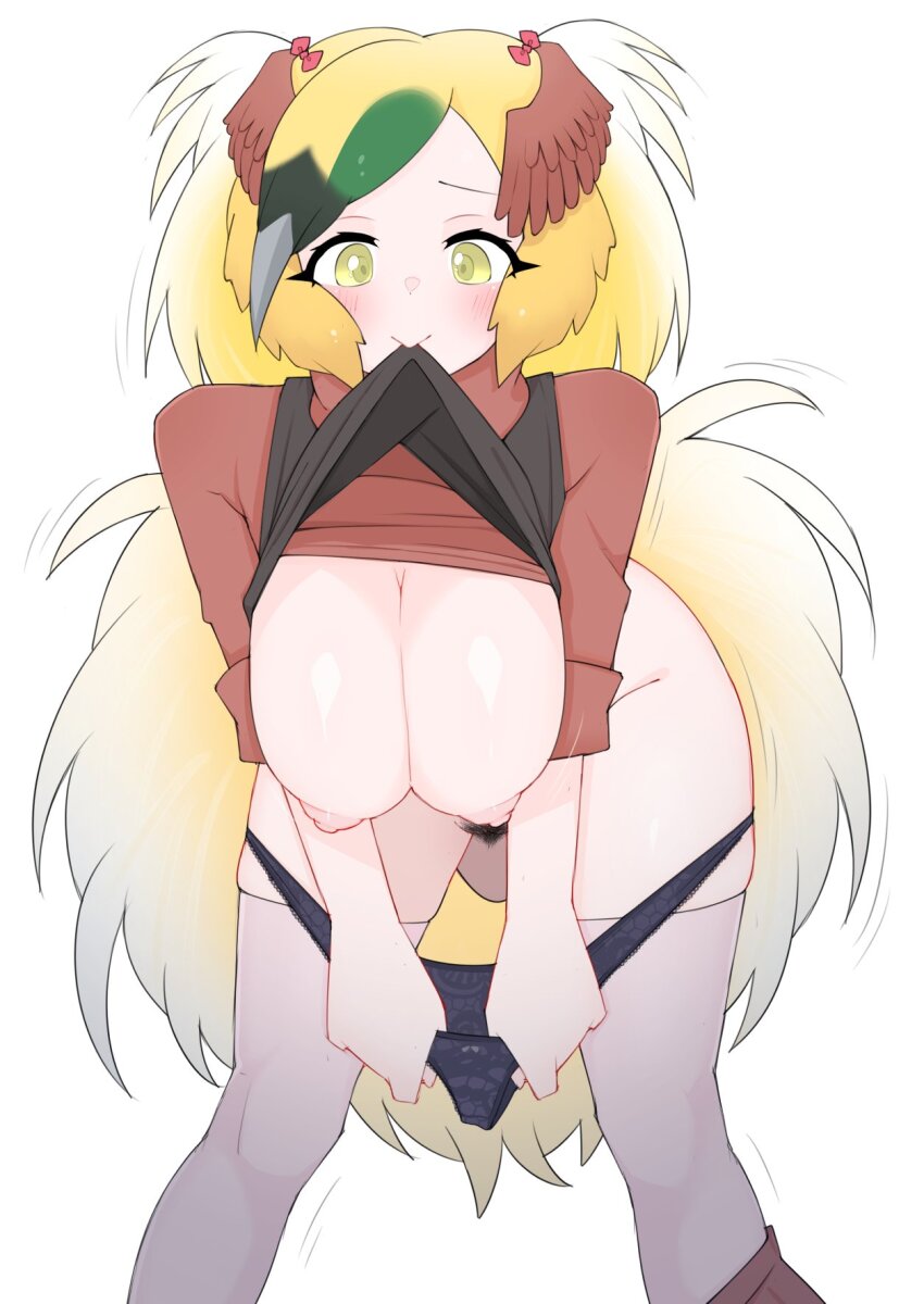 1girl bent_over bird_girl bird_tail bird_wings black_hair black_panties black_pubic_hair black_shirt blonde_hair blush bottomless bow breasts brown_shirt closed_mouth clothes_in_mouth clothes_lift clothes_pull feet_out_of_frame female_pubic_hair greater_bird-of-paradise_(kemono_friends) green_hair grey_hair hanging_breasts head_wings highres illu_(illu_stratos) kemono_friends kemono_friends_3 legs_apart lifting_own_clothes long_hair looking_at_viewer mouth_hold multicolored_hair nipples no_bra panties panty_pull pubic_hair pulling_own_clothes shirt shirt_lift shirt_under_shirt simple_background skindentation skirt skirt_pull smile solo standing tail underwear undressing wings yellow_eyes