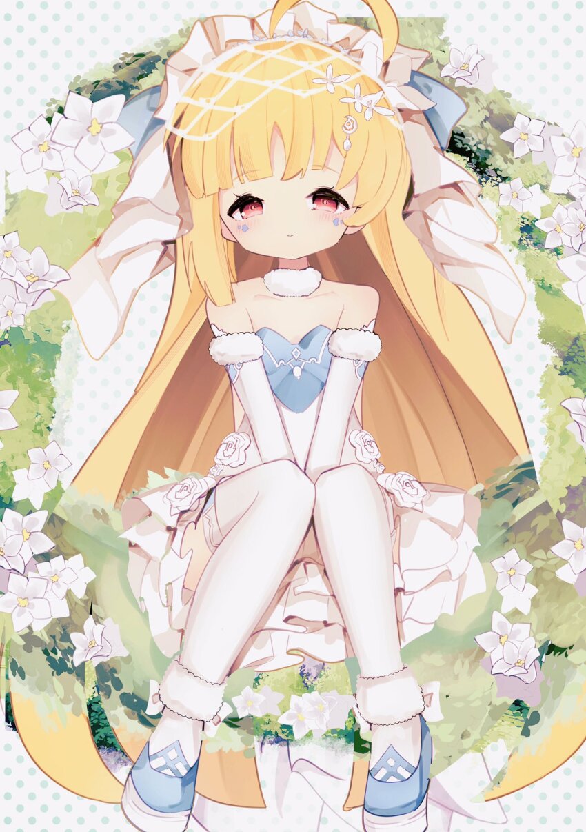 1girl ahoge azur_lane bare_shoulders blonde_hair blue_footwear bridal_veil closed_mouth dress dress_flower elbow_gloves eldridge_(afternoon_worship_in_the_woods)_(azur_lane) eldridge_(azur_lane) flower frilled_dress frills gloves hair_ornament highres long_hair looking_at_viewer official_alternate_costume red_eyes smile thighhighs user_wyxr8822 veil very_long_hair wedding_dress white_flower white_gloves white_thighhighs