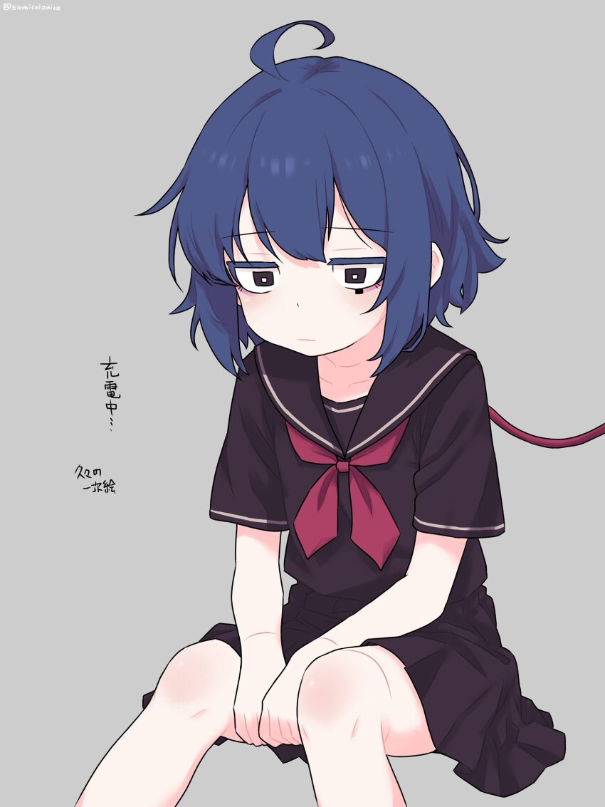 1girl black_serafuku blue_hair charging_person closed_mouth highres knees original school_uniform semicolonize serafuku solo square_pupils