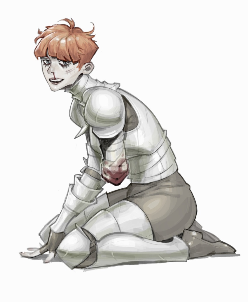 1girl amputee armor bandaged_arm bandages blood breastplate brown_gloves brown_pants brown_shoes commentary cuisses d&#039;arce_(fear_&amp;_hunger) english_commentary fear_&amp;_hunger_(series) fear_&amp;_hunger_1 fingerless_gloves from_side full_body gloves greaves highres kneeling knight looking_at_viewer nosebleed orange_hair pale_skin pants parted_lips pauldrons pirodefka poleyn shoes short_hair shoulder_armor simple_background smile solo teeth upper_teeth_only vambraces white_background