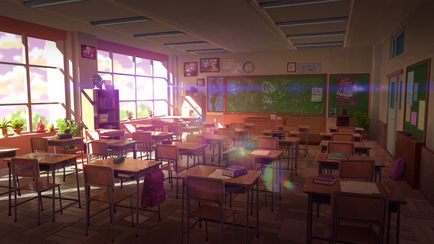 absurdres backpack bag book bookshelf box cardboard_box ceiling ceiling_light chair chalk chalkboard classroom clock cloud cloudy_sky cool_s crystal curtains day desk door english_text eraser fluorescent_lamp globe highres indoors kevin_gnutzmans league_of_legends lens_flare map no_humans official_art overexposure paper perspective photoshop_(medium) plant poster_(object) potted_plant purple_sky scenery school school_chair school_desk shade shelf sky sunlight window wooden_floor