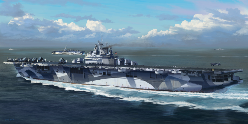 absurdres aircraft aircraft_carrier airplane american_flag anti-aircraft anti-aircraft_gun blue_sky camouflage cannon cloud day highres military_vehicle mo_yu_de_jiaozi ocean original outdoors radar ship ship_turret sky smokestack united_states_navy uss_yorktown_(cv-10) vehicle_focus wake_(wave) warship watercraft world_war_ii