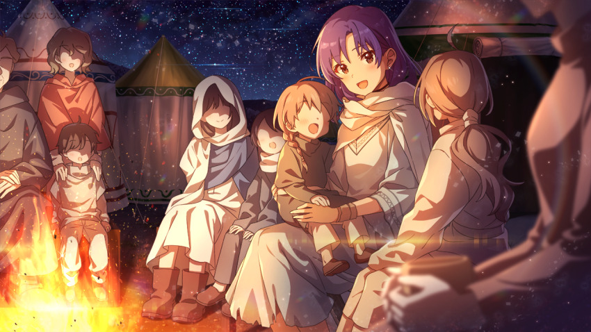 1other 3boys 5girls ahoge blue_hair blurry blurry_foreground boots brown_boots brown_eyes brown_hair child commentary_request faceless faceless_female faceless_male fire game_cg hood hood_up idolmaster idolmaster_(classic) idolmaster_million_live! idolmaster_million_live!_theater_days kisaragi_chihaya lens_flare long_hair long_sleeves low_ponytail multiple_boys multiple_girls night official_art open_mouth outdoors ponytail robe scarf short_hair sitting sitting_on_lap sitting_on_person sky smile star_(sky) starry_sky tent third-party_source