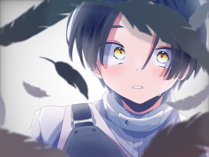 1boy bird black_feathers crow crying crying_with_eyes_open feathers fenix_uniform igarashi_daiji jacket kamen_rider kamen_rider_revice looking_at_viewer male_focus military military_uniform symbolism tears totome_17 upper_body vest white_background white_jacket yellow_eyes