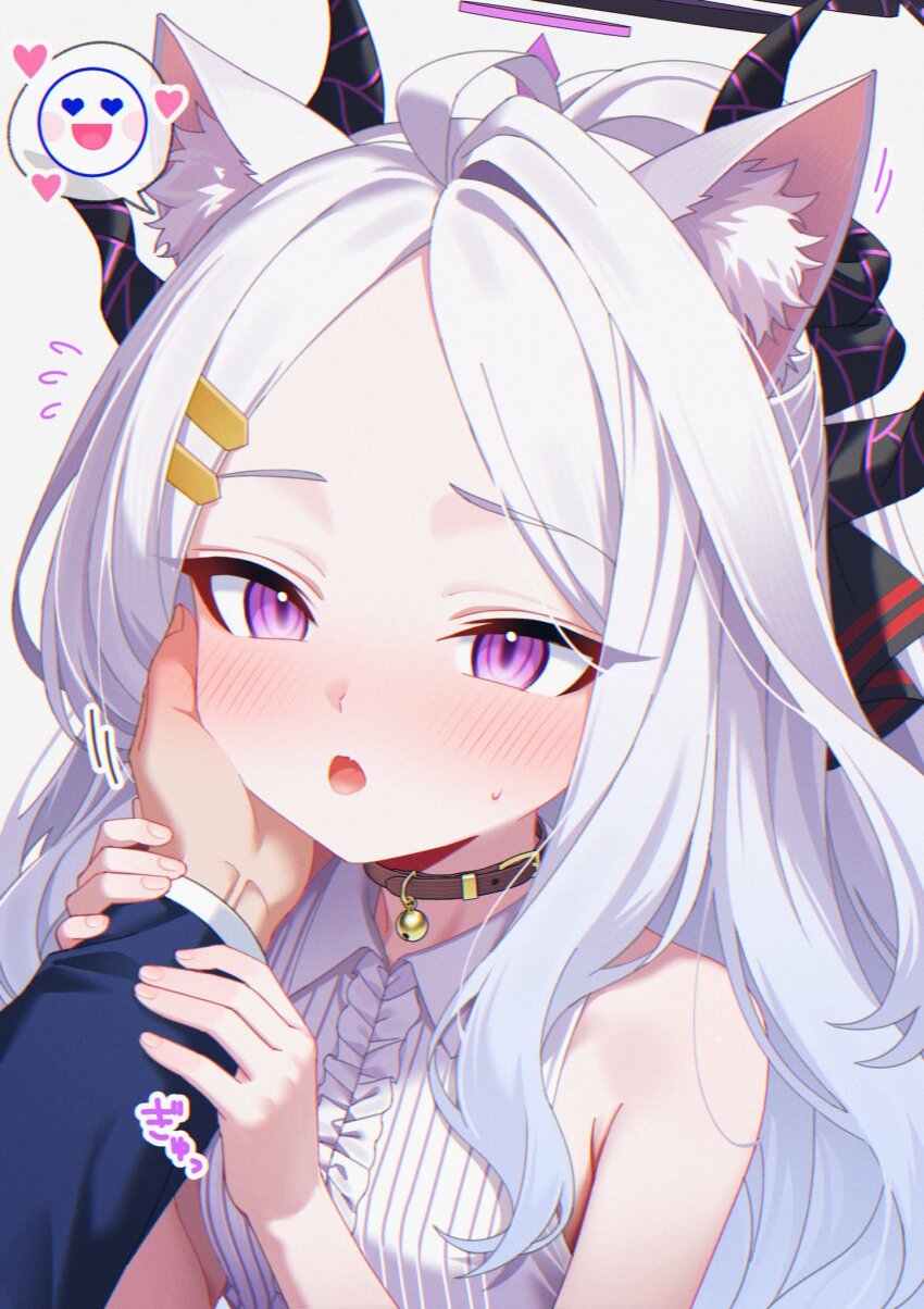 1boy 1girl ahoge black_halo blue_archive blush breasts demon_girl demon_horns halo highres hina_(blue_archive) horns karaage_(xxxmido02) long_hair open_mouth purple_eyes sensei_(blue_archive) small_breasts very_long_hair white_hair