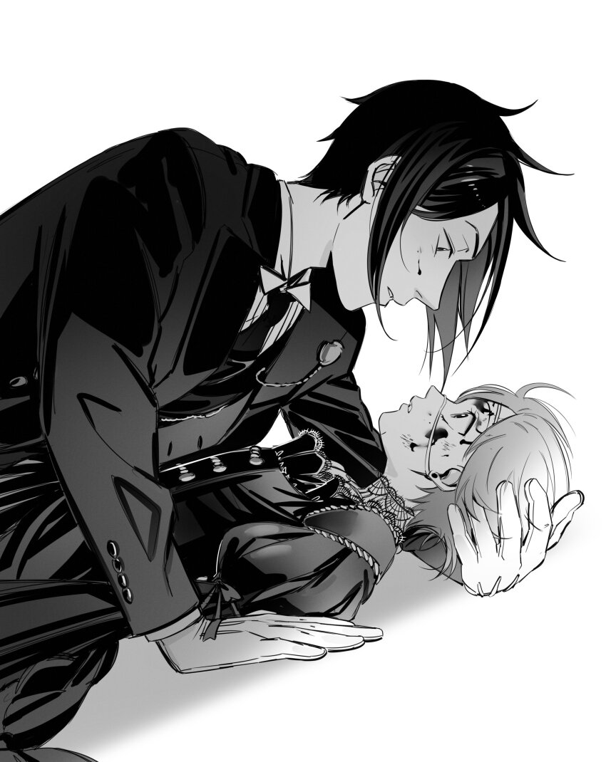 2boys absurdres black_suit blood blood_on_face ciel_phantomhive crossdressing dress earrings eyepatch formal_clothes gloves highres jewelry kuroshitsuji long_sleeves male_focus multiple_boys puffy_sleeves sebastian_michaelis shirt short_hair sidelocks simple_background suit trap uneasywolf victorian white_background white_gloves