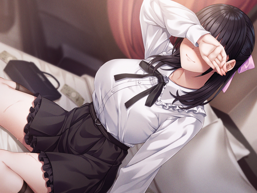 1girl bag banknote bed black_hair black_skirt black_socks blurry blurry_background blush canopy_bed closed_mouth collarbone covering_own_eyes dress_shirt hair_ribbon handbag highres indoors long_sleeves money on_bed original pillow ribbon shirt sidelocks sitting skirt smile socks solo super_nagoyaka sweat wariza wet white_shirt
