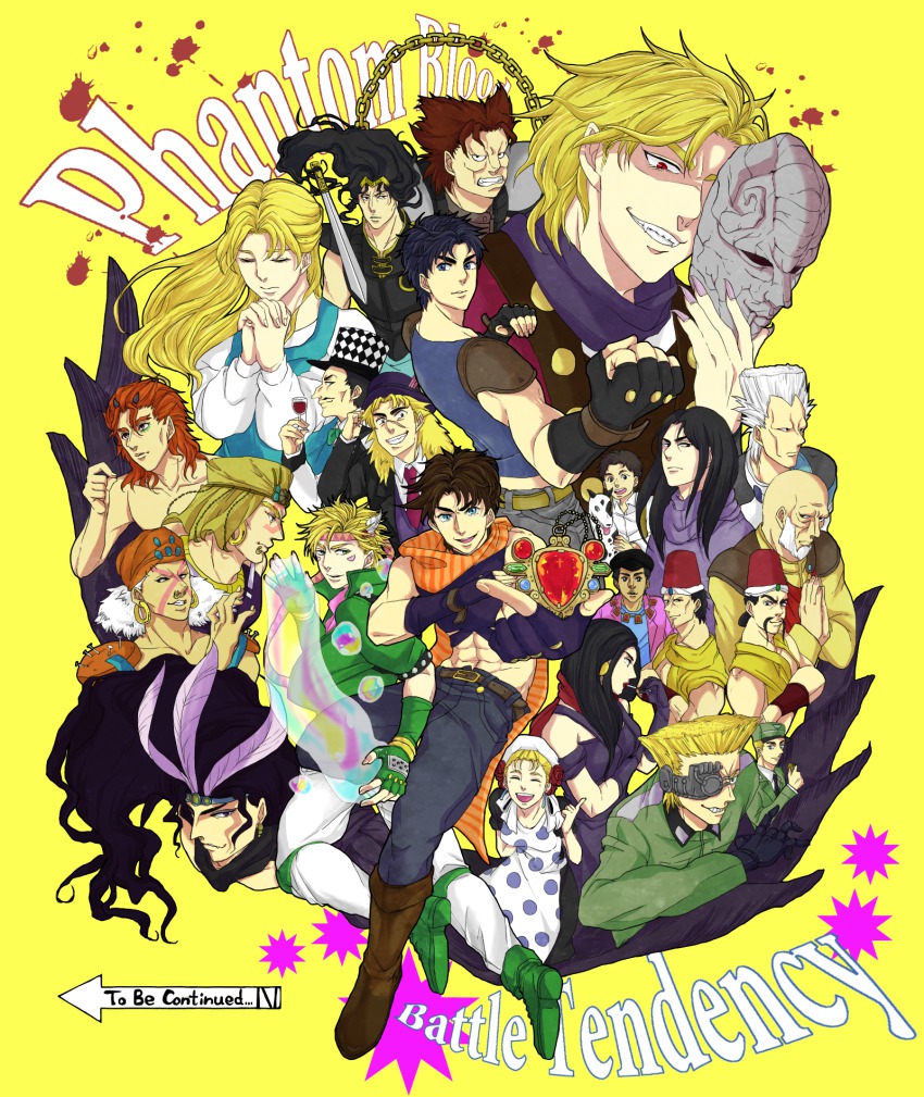 3girls 6+boys battle_tendency belt black_hair blonde_hair blue_eyes boots brown_hair bruford caesar_anthonio_zeppeli cup danny_(jojo) dio_brando dire_(jojo) dog drinking_glass english_text erina_pendleton esidisi everyone fingerless_gloves gloves green_footwear hat headband highres husband_and_wife jojo_no_kimyou_na_bouken jonathan_joestar joseph_joestar joseph_joestar_(young) kars_(jojo) kock_k lisa_lisa loggins_(jojo) mark_(jojo) mask messina_(jojo) midriff mother_and_son multiple_boys multiple_girls orange_hair pants phantom_blood poco_(jojo) polka_dot red_eyes red_hair red_stone_of_aja robert_e._o._speedwagon rudolph_von_stroheim santana_(jojo) scarf shoes sleeveless stone_mask_(jojo) straizo striped_clothes striped_scarf suzi_q tarkus tonpeti top_hat wamuu white_hair white_pants will_anthonio_zeppeli wine_glass yellow_background