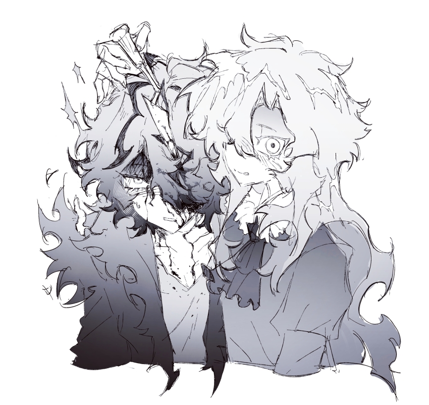 1boy 1girl :p absurdres ascot blood blood_from_forehead blood_in_hair blood_on_face blood_on_neck chinese_commentary collared_shirt commentary_request fur-trimmed_jacket fur_trim garry_(ib) greyscale guro highres holding holding_knife ib_(kouri) jacket knife long_hair mary_(ib) monochrome open_clothes open_jacket sanpaku shirt short_hair simple_background sketch smile sweat tongue tongue_out white_background xiboliya_suanxing_shengwu
