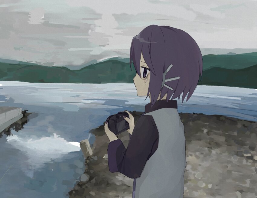 1girl camera expressionless from_behind headphones highres holding holding_camera outdoors purple_eyes purple_hair purple_nails purple_sleeves river shirt shore short_hair solo upper_body utane_uta utau uuuuua07 water white_shirt